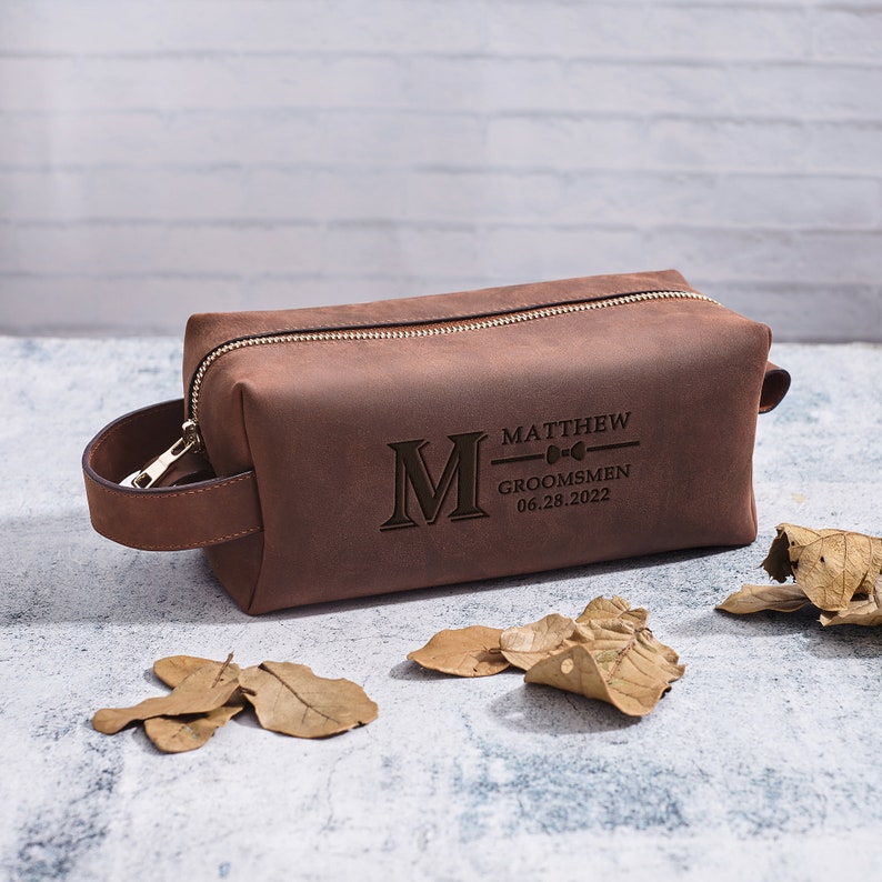 Groomsmen Proposal Gift, Mens Leather Toiletry Bag, Leather Dopp Kit